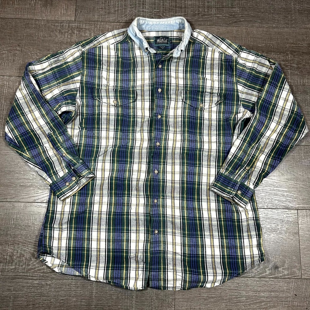 Woolrich Western Button-Down Shirt Men's XL White Flannel Plaid Outdoor Casual